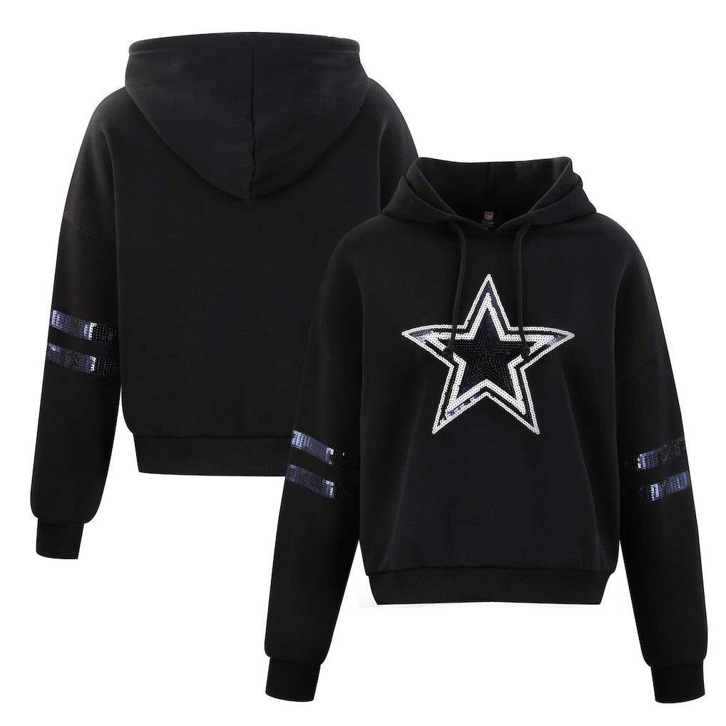 Dallas Cowboys Cuce Women's Cropped Sequins Pullover Hoodie - Black Hoodies