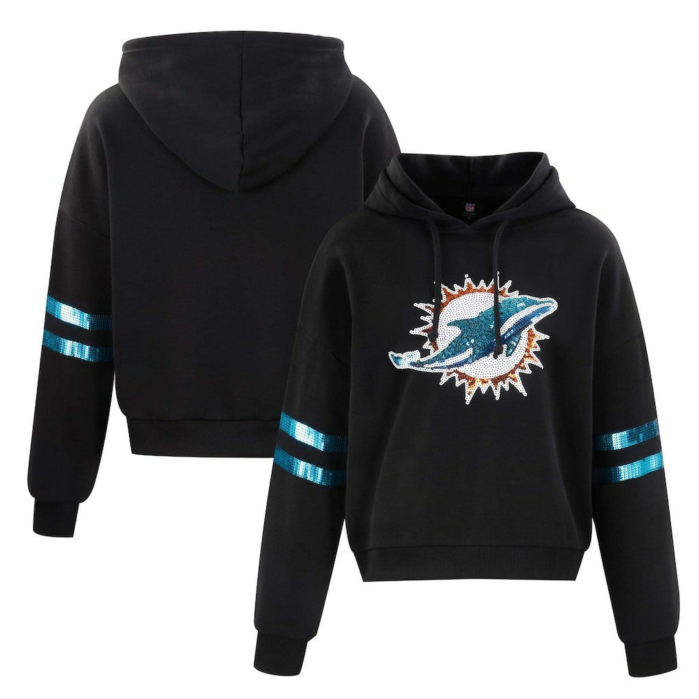Miami Dolphins Cuce Women's Cropped Sequins Pullover Hoodie - Black Hoodies