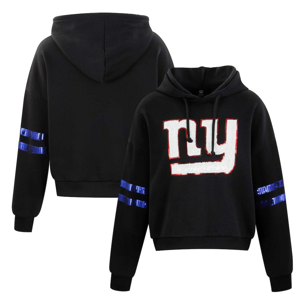 New York Giants Cuce Women's Cropped Sequins Pullover Hoodie - Black Hoodies