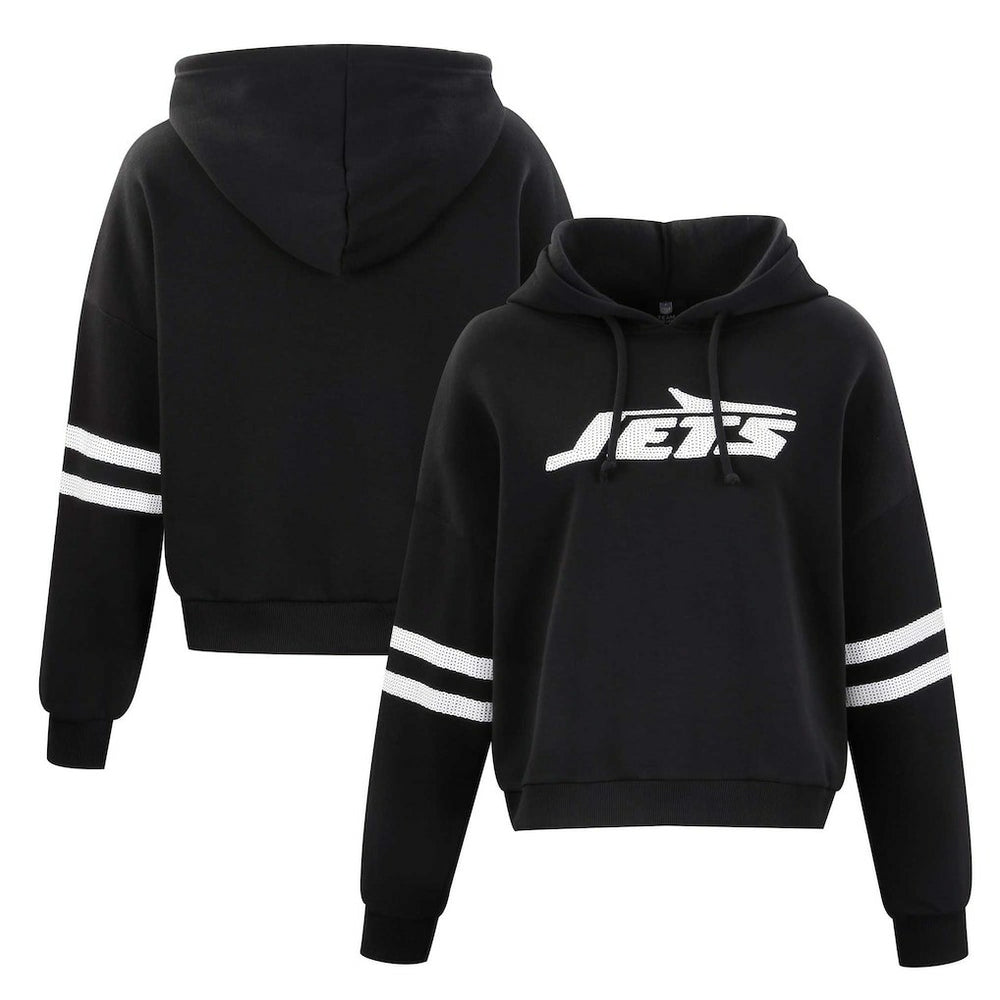 New York Jets Cuce Women's Cropped Sequins Pullover Hoodie - Black Hoodies
