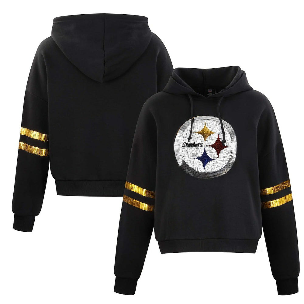 Pittsburgh Steelers Cuce Women's Cropped Sequins Pullover Hoodie - Black Hoodies