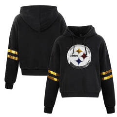 Pittsburgh Steelers Cuce Women's Cropped Sequins Pullover Hoodie - Black Hoodies