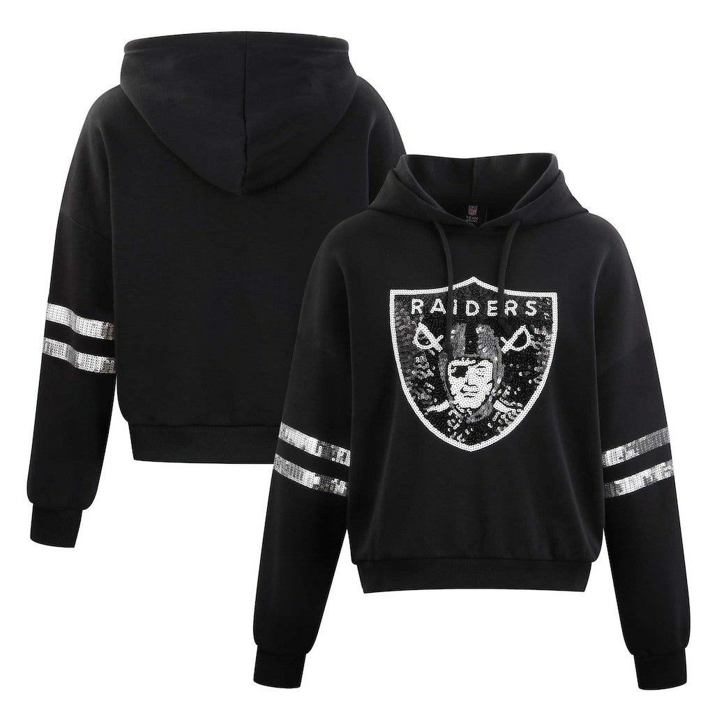 Las Vegas Raiders Cuce Women's Cropped Sequins Pullover Hoodie - Black Hoodies