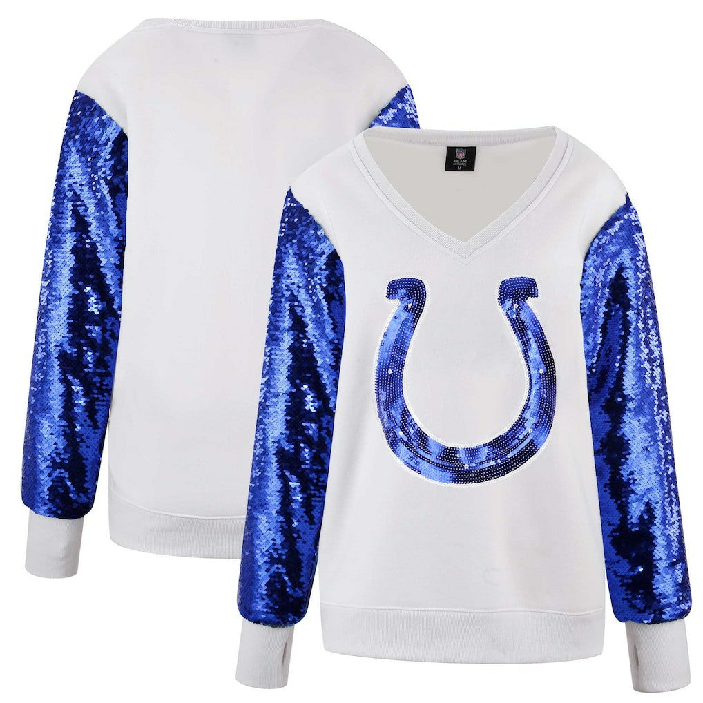 Indianapolis Colts Cuce Women's Sequin Sleeve V-Neck Pullover Sweatshirt- White - White Pullover