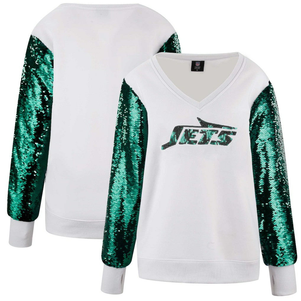 New York Jets Cuce Women's Sequin Sleeve V-Neck Pullover Sweatshirt- White - White Pullover