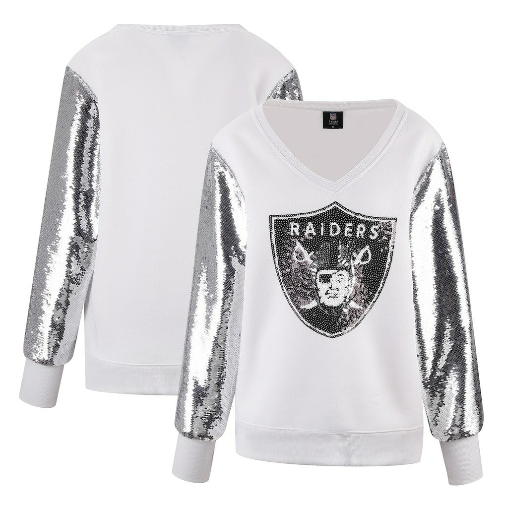 Las Vegas Raiders Cuce Women's Sequin Sleeve V-Neck Pullover Sweatshirt- White - White Pullover