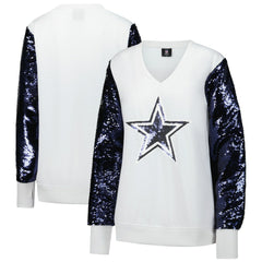 Dallas Cowboys Cuce Women's Sequin Sleeve V-Neck Pullover Sweatshirt- White - White Pullover
