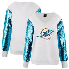 Miami Dolphins Cuce Women's Sequin Sleeve V-Neck Pullover Sweatshirt- White - White Pullover