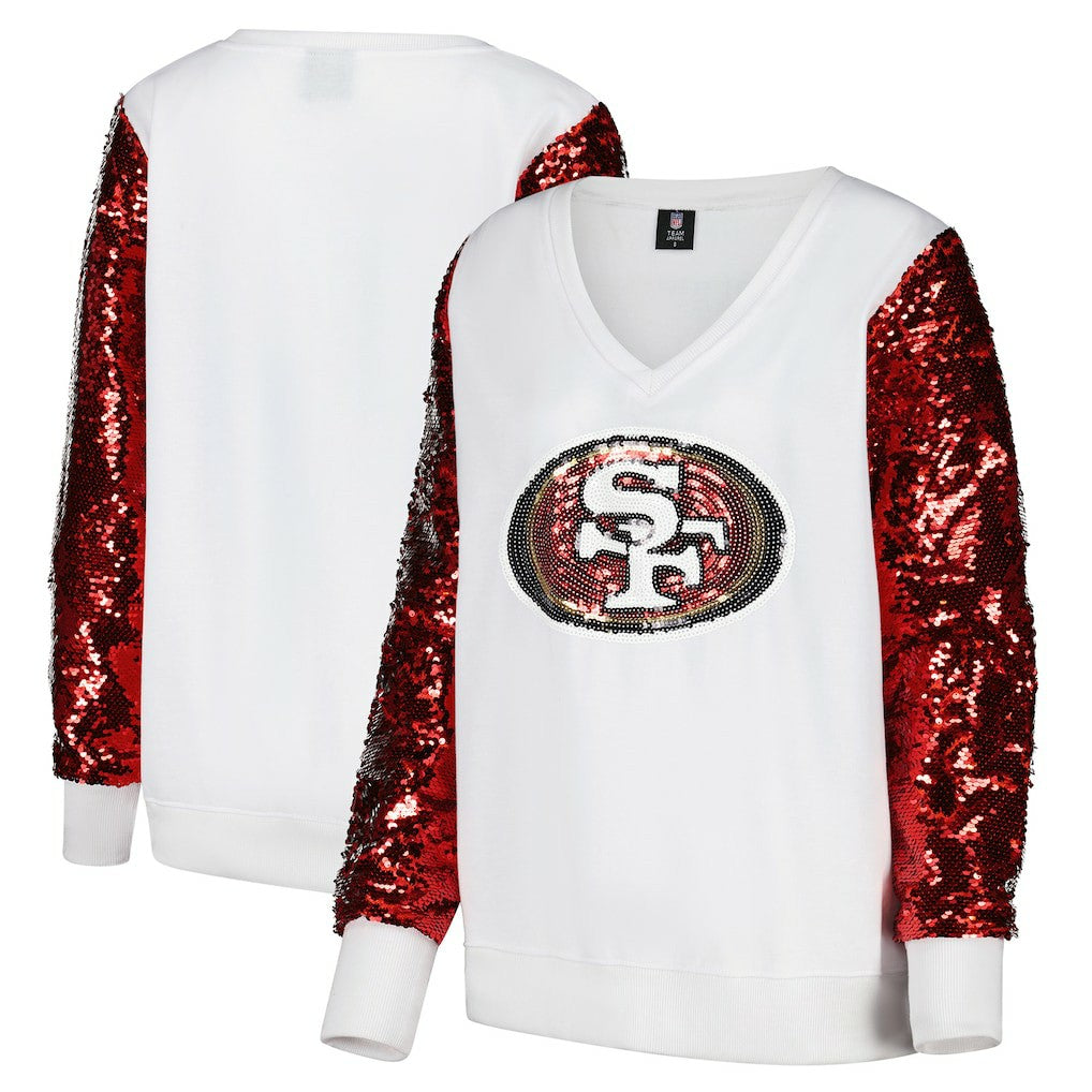 San Francisco 49ers Cuce Women's Sequin Sleeve V-Neck Pullover Sweatshirt- White - White Pullover
