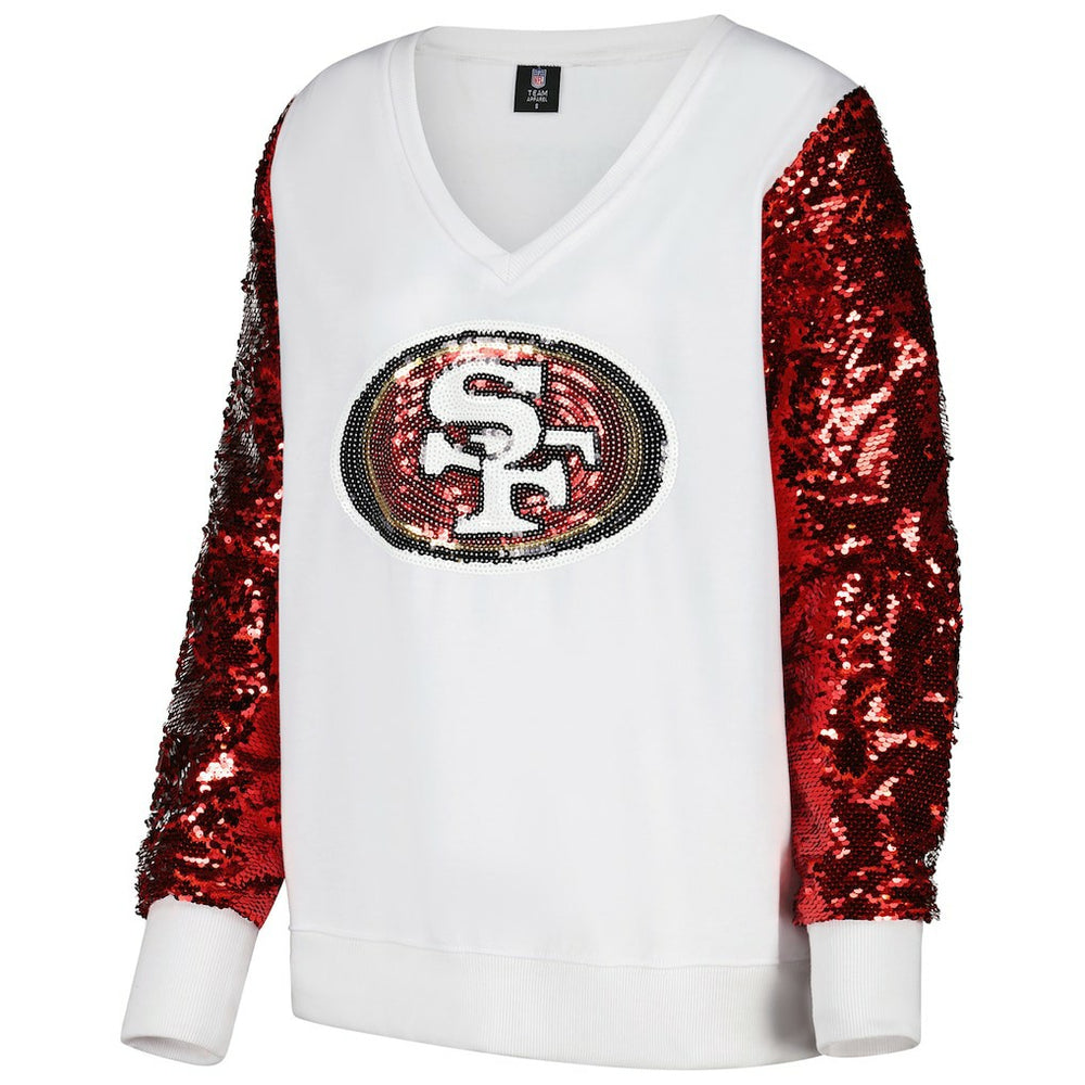 San Francisco 49ers Cuce Women's Sequin Sleeve V-Neck Pullover Sweatshirt- White - White Pullover