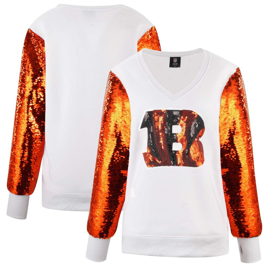 Cincinnati Bengals Cuce Women's Sequin Sleeve V-Neck Pullover Sweatshirt- White - White Pullover