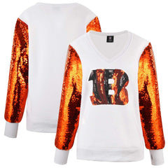 Cincinnati Bengals Cuce Women's Sequin Sleeve V-Neck Pullover Sweatshirt- White - White Pullover