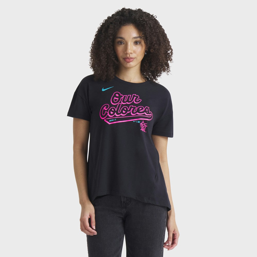 Miami Marlins Nike Women's 2025 City Connect Flowy Fashion Tri-Blend Dri-FIT T-Shirt - Black T-shirts