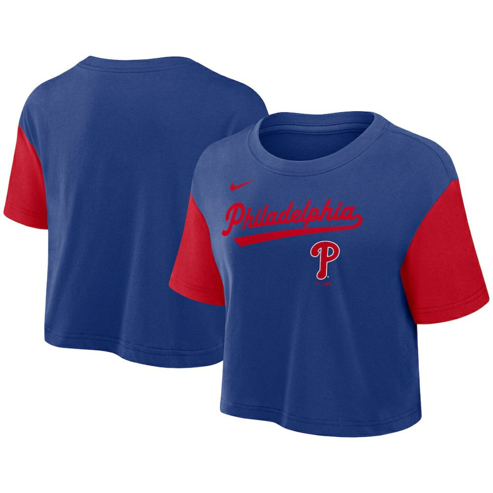 Philadelphia Phillies Nike Women's Script Dri-FIT Cropped T-Shirt - Royal/Red T-shirts