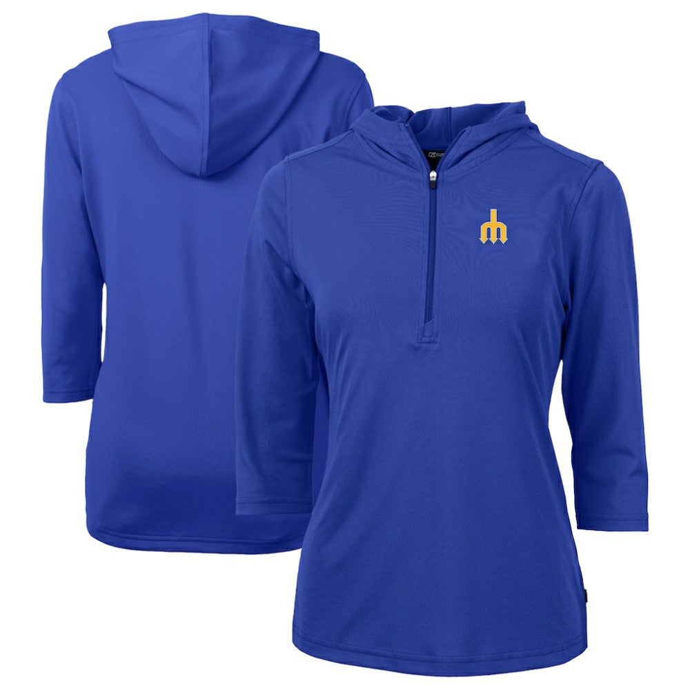 Seattle Mariners Cutter & Buck Women's  DryTec Virtue Eco Pique Recycled 3/4-Sleeve Half-Zip Pullover Hoodie - Blue Hoodies