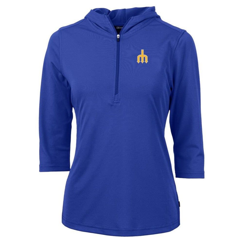 Seattle Mariners Cutter & Buck Women's  DryTec Virtue Eco Pique Recycled 3/4-Sleeve Half-Zip Pullover Hoodie - Blue Hoodies