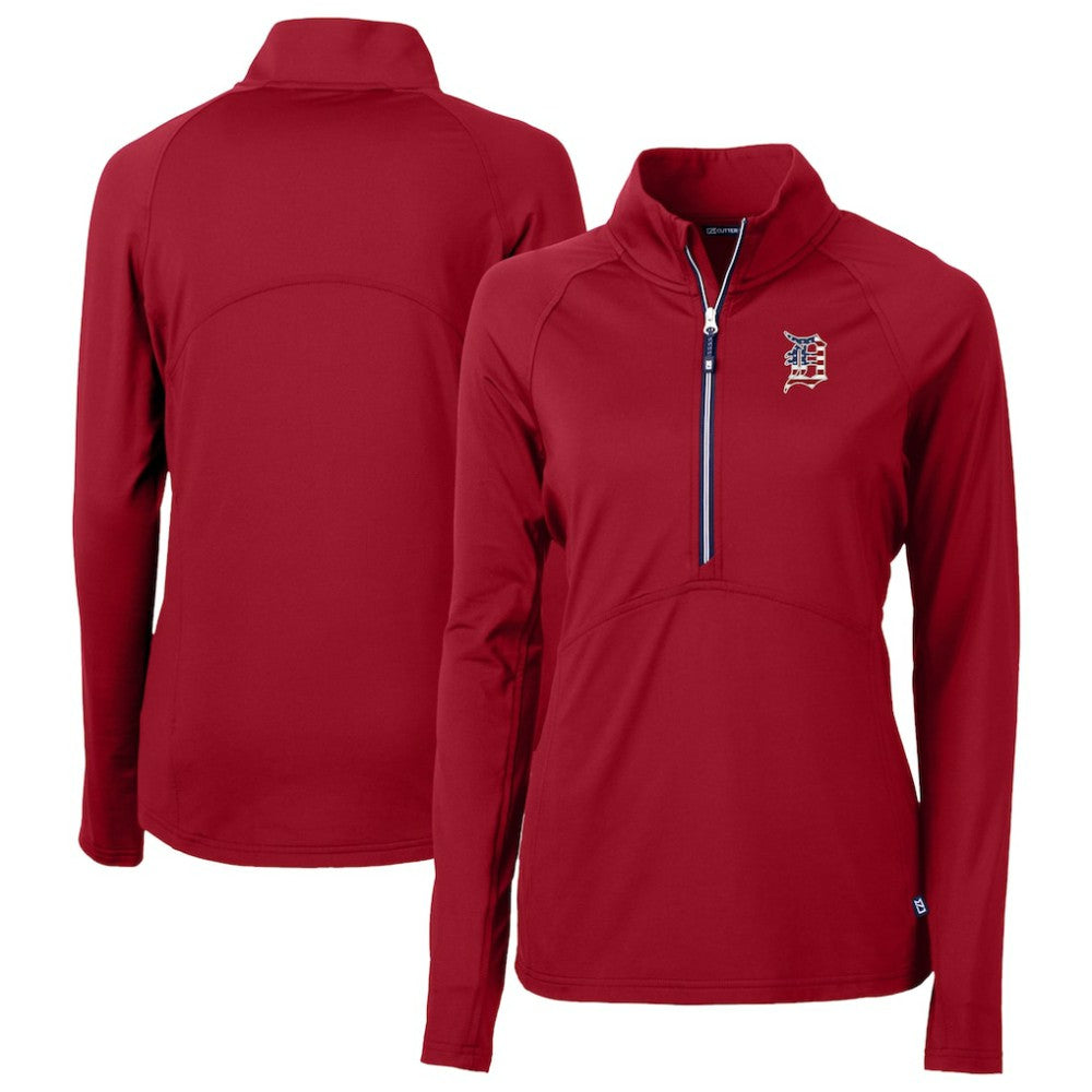 Detroit Tigers Cutter & Buck Women's Americana DryTec Adapt Eco Knit Stretch Recycled Raglan Half-Zip Top - Red Tops