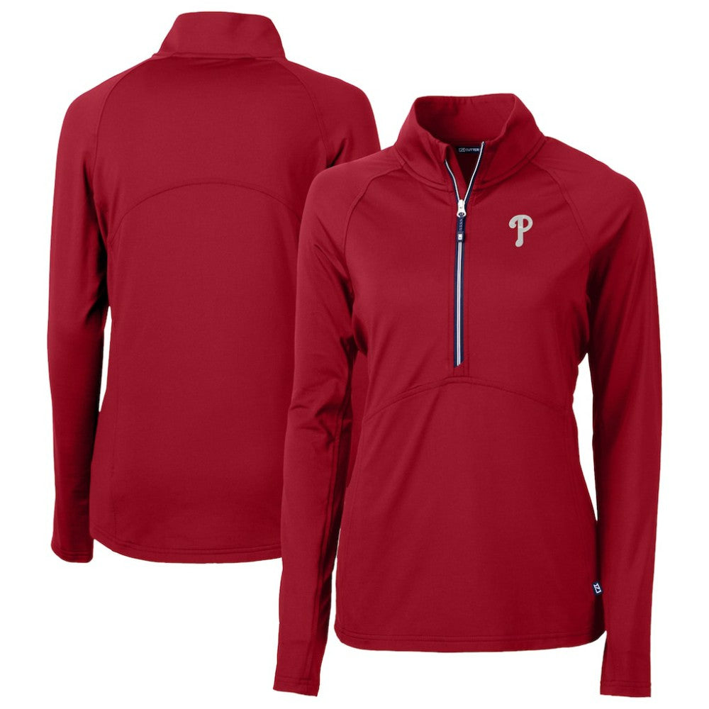 Philadelphia Phillies Cutter & Buck Women's  DryTec Adapt Eco Knit Stretch Recycled Raglan Half-Zip Top - Red Tops