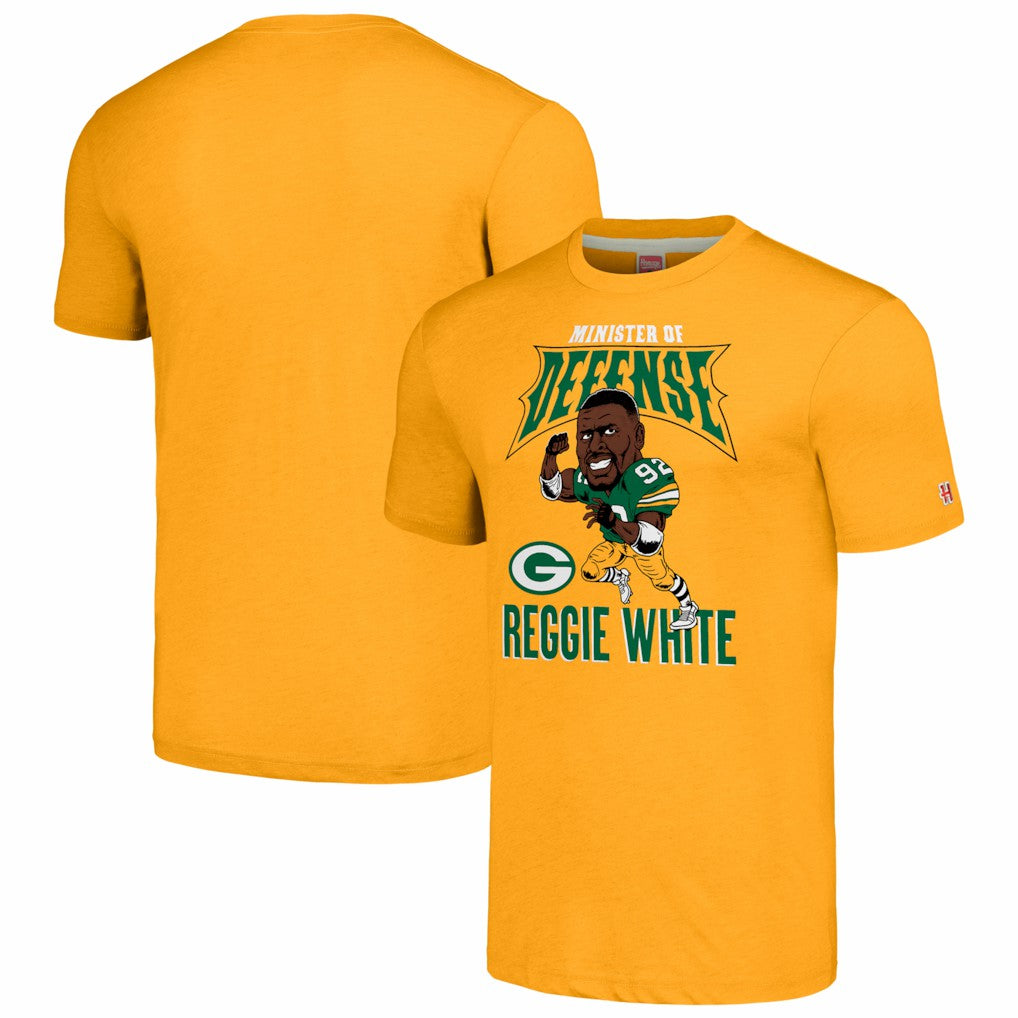 Reggie White Green Bay Packers Homage Unisex Caricature Retired Player Tri-Blend T-Shirt - Gold T-shirts