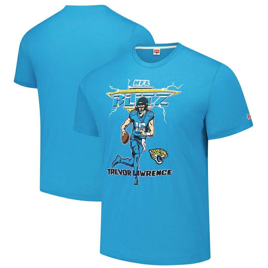 Trevor Lawrence Jacksonville Jaguars Homage Unisex NFL Blitz Player Tri-Blend T-Shirt - Teal T-shirts