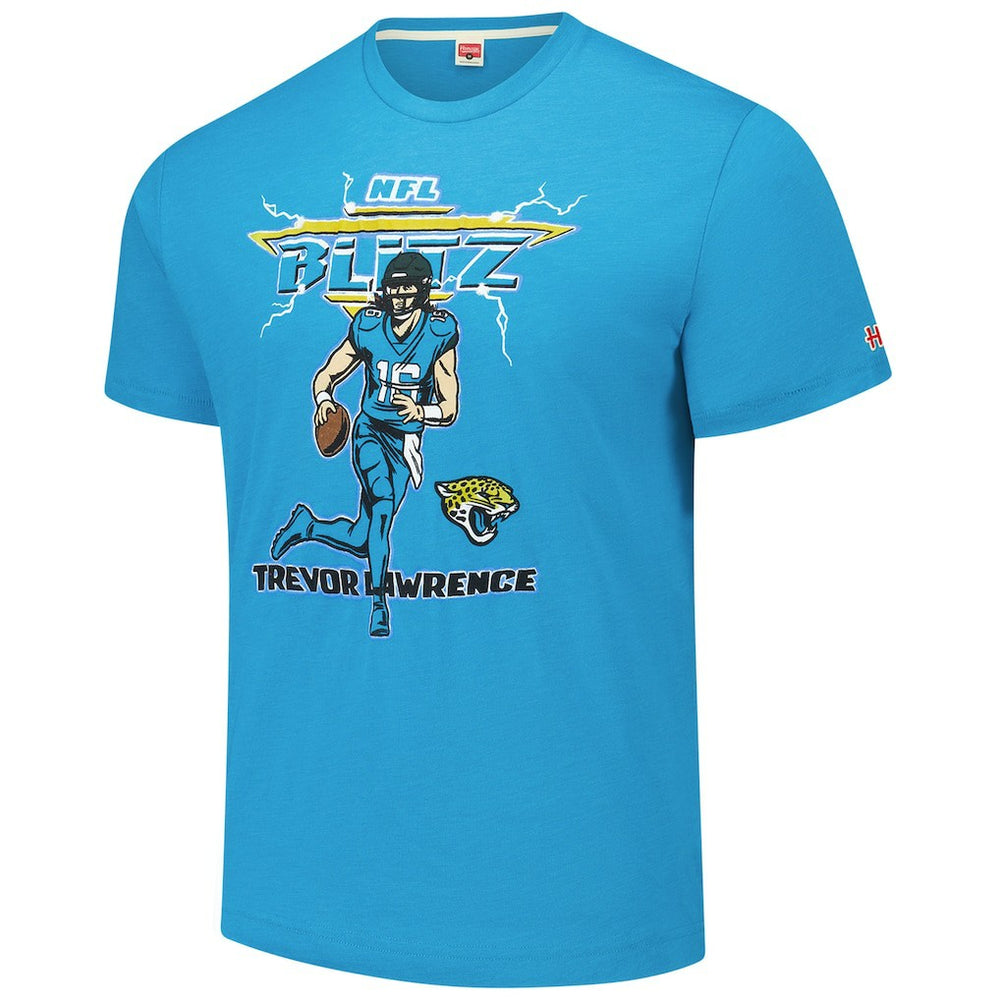 Trevor Lawrence Jacksonville Jaguars Homage Unisex NFL Blitz Player Tri-Blend T-Shirt - Teal T-shirts