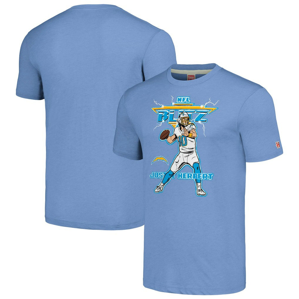 Justin Herbert Los Angeles Chargers Homage Unisex NFL Blitz Player Tri-Blend T-Shirt - Heathered Powder Blue T-shirts