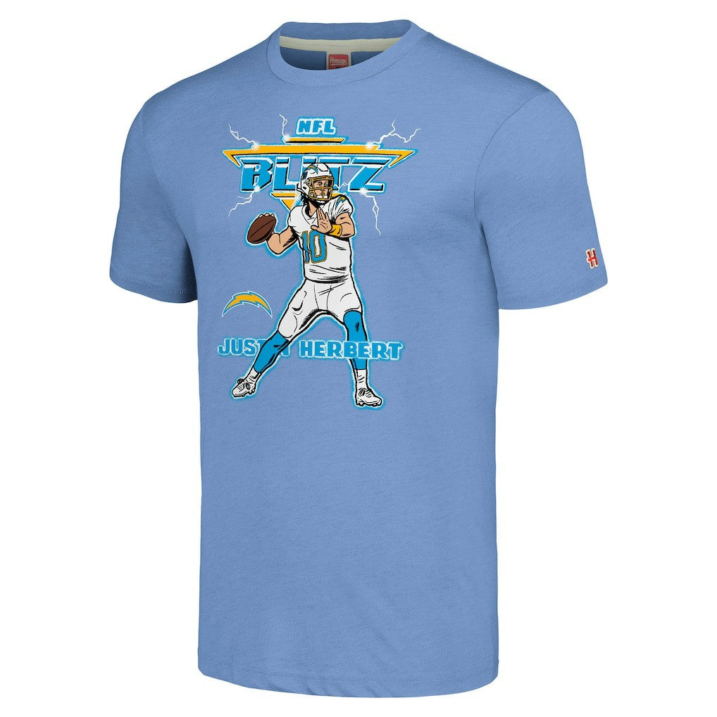 Justin Herbert Los Angeles Chargers Homage Unisex NFL Blitz Player Tri-Blend T-Shirt - Heathered Powder Blue T-shirts