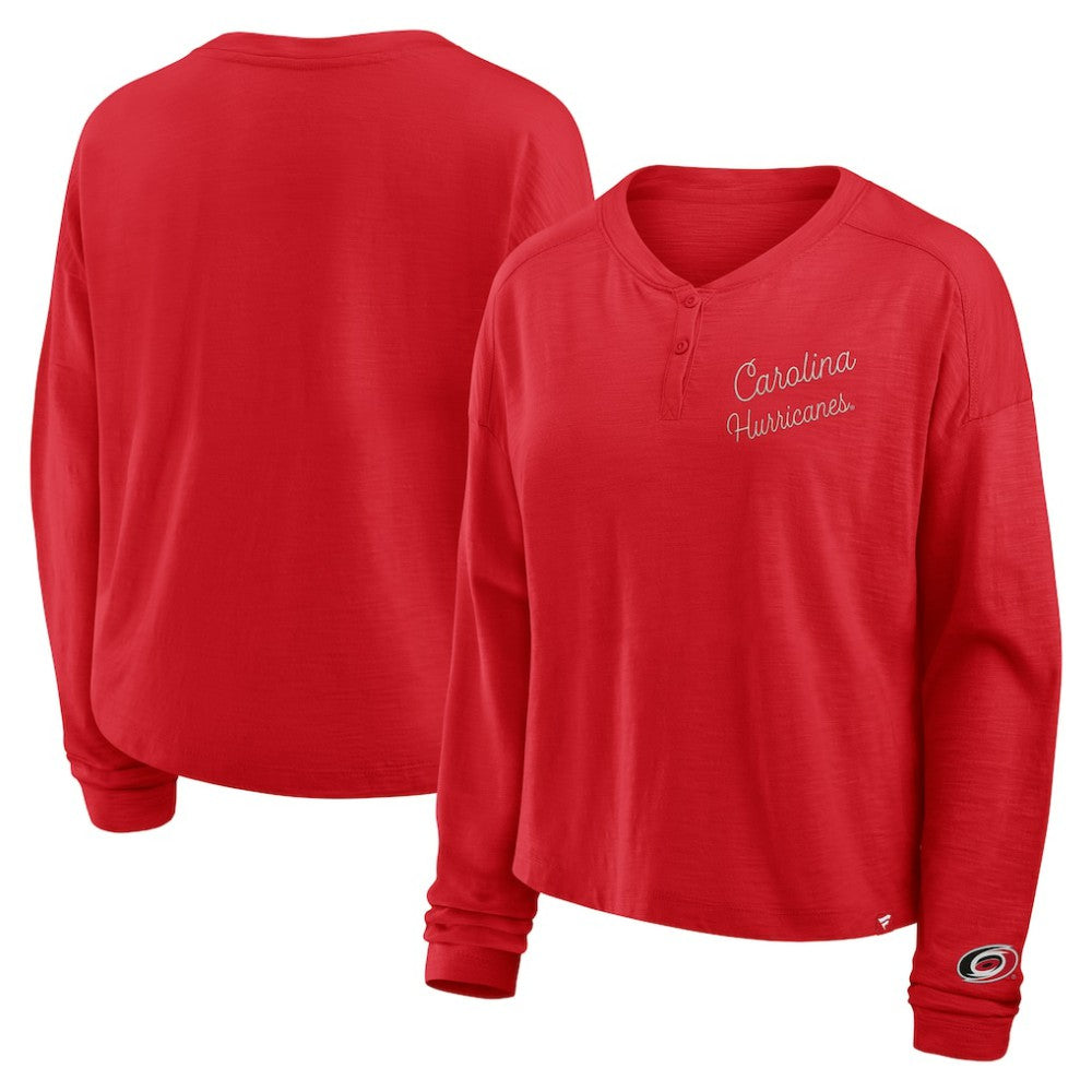 Carolina Hurricanes Fanatics Women's Oversized All Out Effort Long Sleeve Henley T-Shirt - Red | US 201742848
