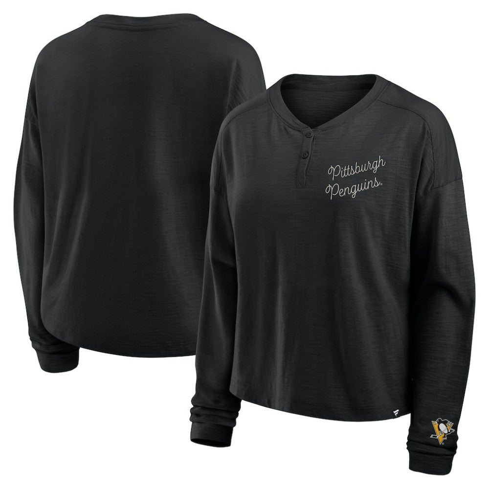 Pittsburgh Penguins Fanatics Women's Oversized All Out Effort Long Sleeve Henley T-Shirt - Black | US 201742853