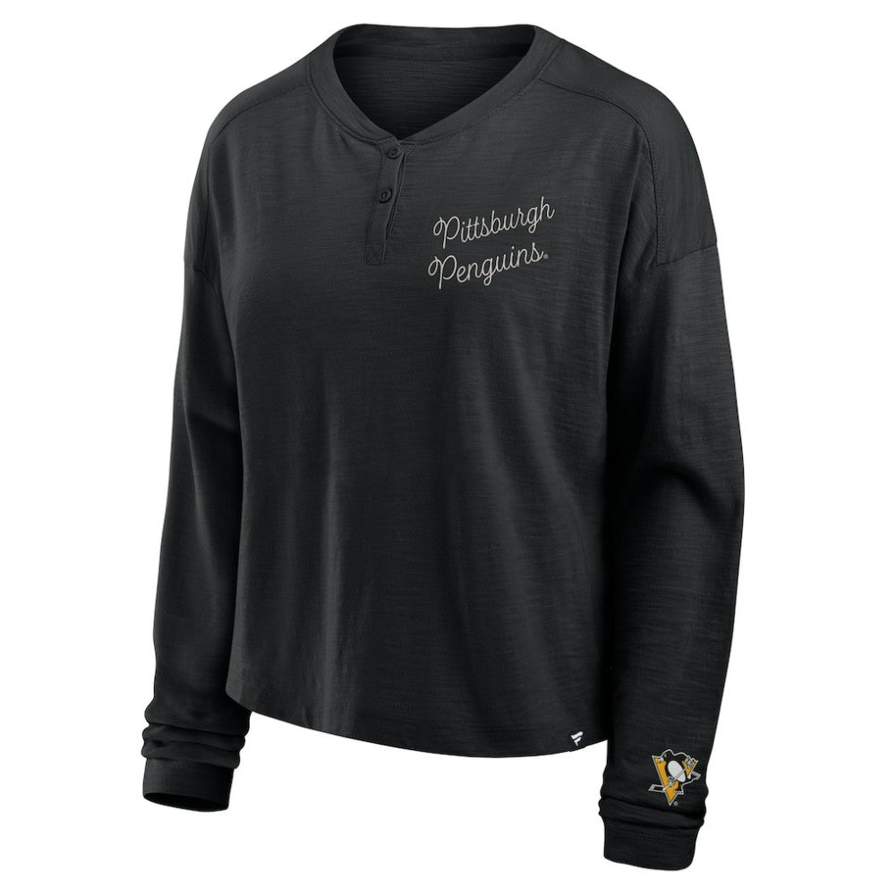 Pittsburgh Penguins Fanatics Women's Oversized All Out Effort Long Sleeve Henley T-Shirt - Black | US 201742853