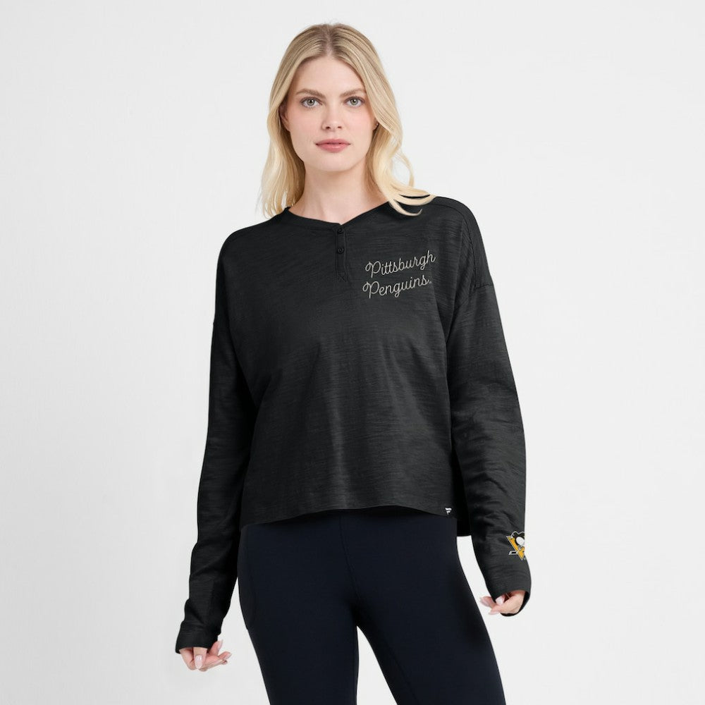 Pittsburgh Penguins Fanatics Women's Oversized All Out Effort Long Sleeve Henley T-Shirt - Black | US 201742853
