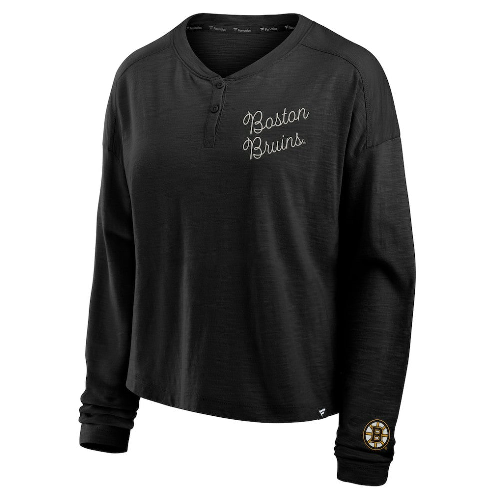 Boston Bruins Fanatics Women's Oversized All Out Effort Long Sleeve Henley T-Shirt - Black | US 201742859