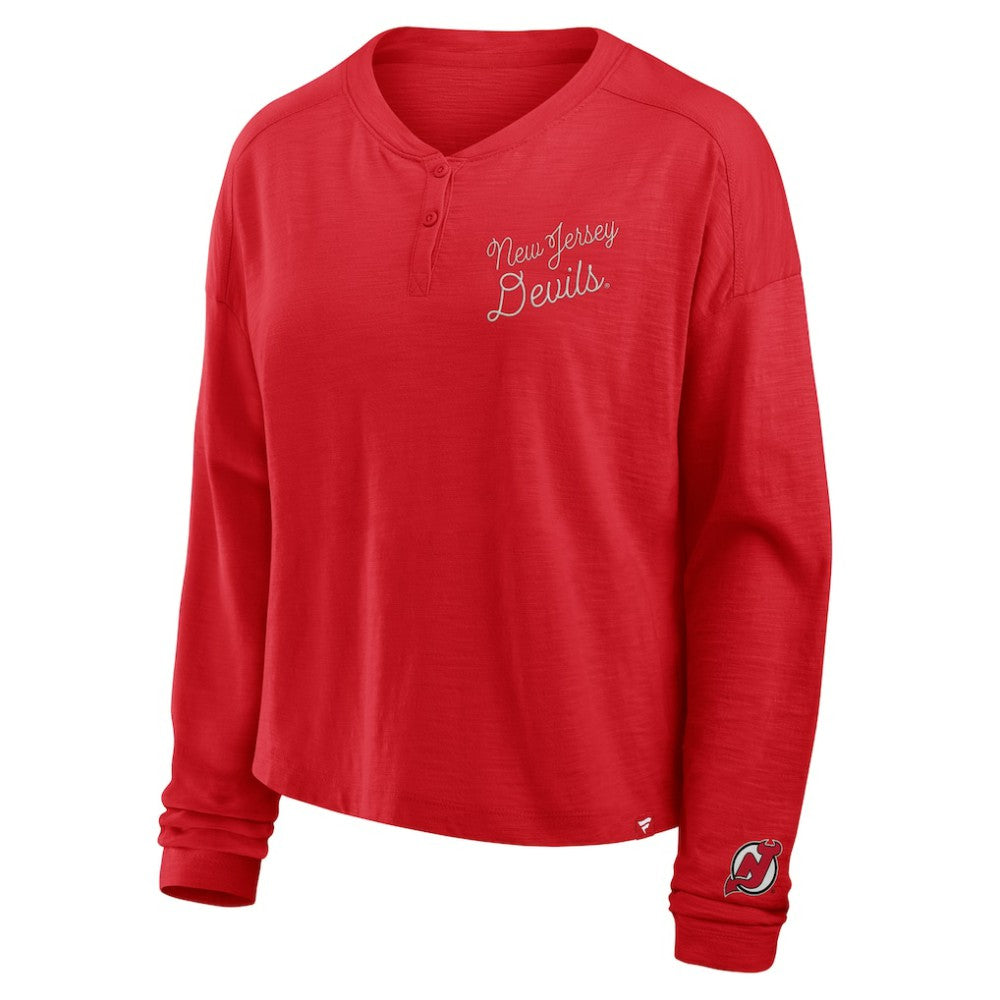 New Jersey Devils Fanatics Women's Oversized All Out Effort Long Sleeve Henley T-Shirt - Red | US 201742861