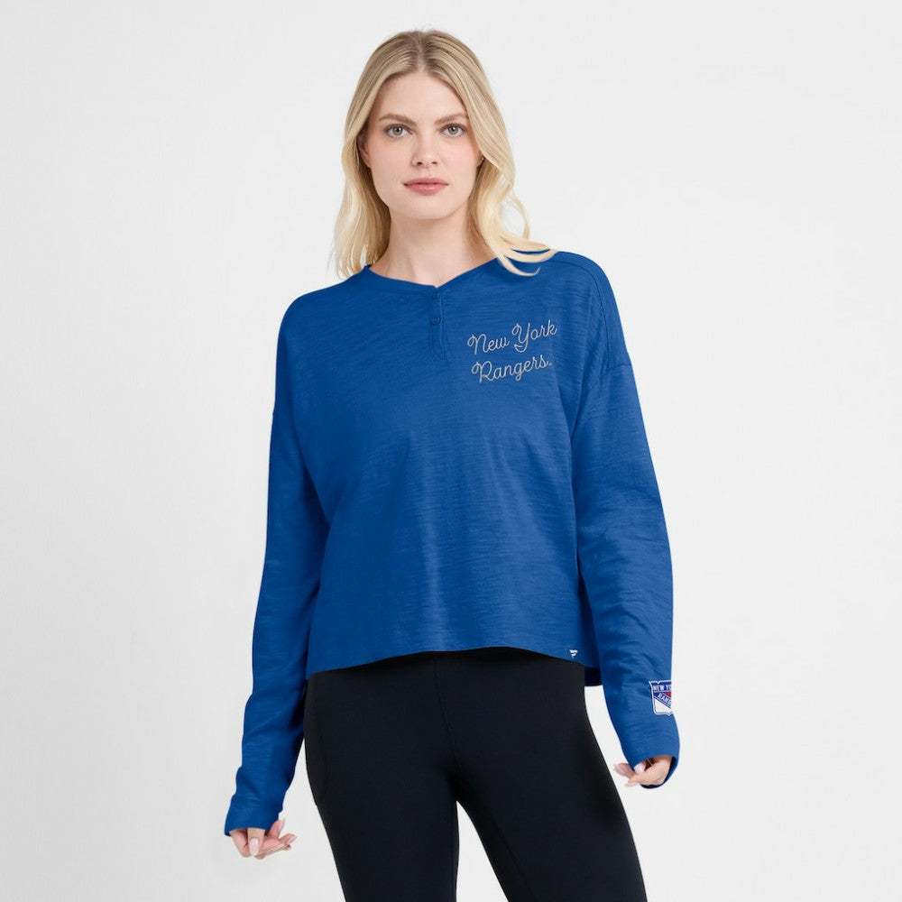 New York Rangers Fanatics Women's Oversized All Out Effort Long Sleeve Henley T-Shirt - Blue | US 201742866