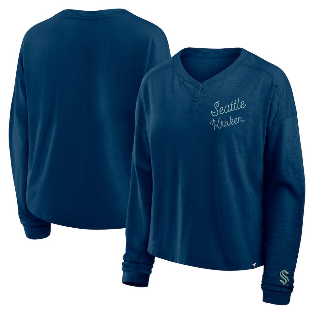 Seattle Kraken Fanatics Women's Oversized All Out Effort Long Sleeve Henley T-Shirt - Deep Sea Blue | US 201742868