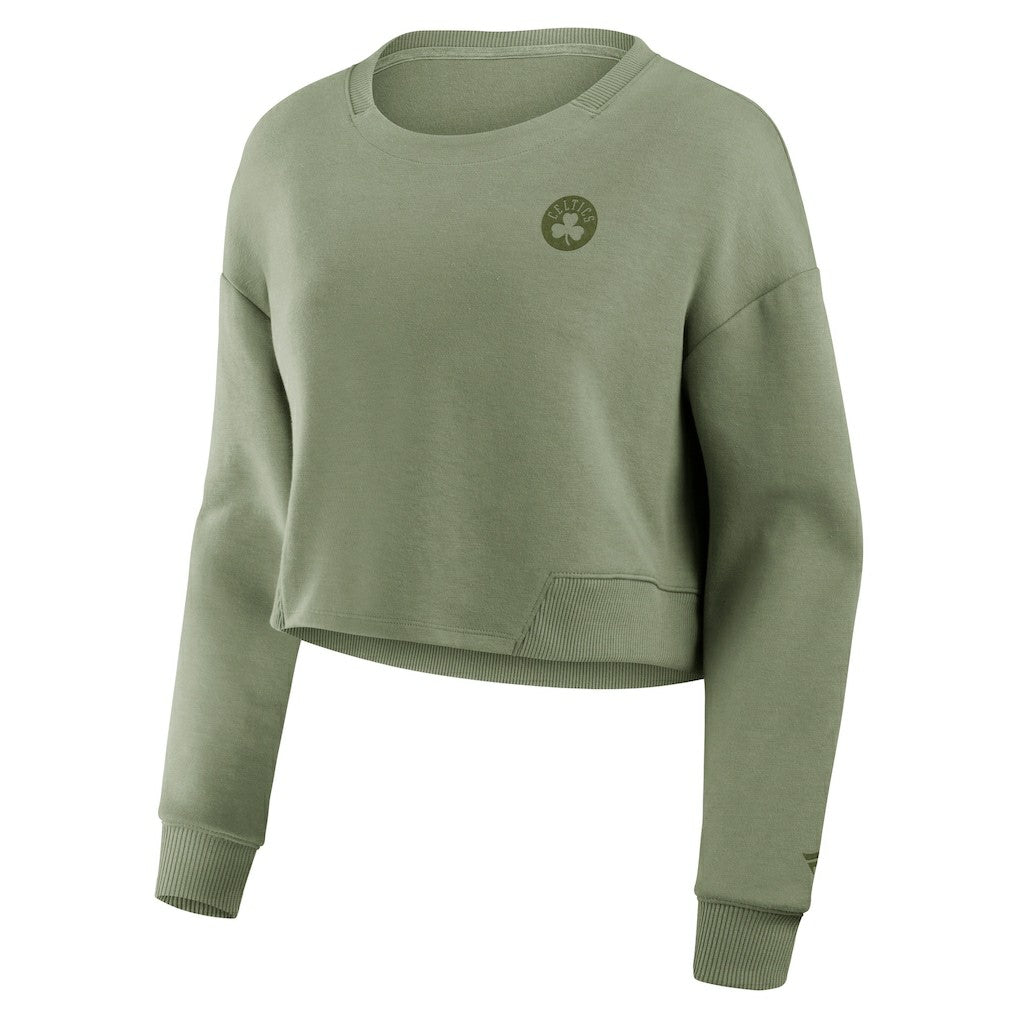 Boston Celtics Women's Studio Tri-Blend Cropped Pullover Sweatshirt Olive - Fanatics