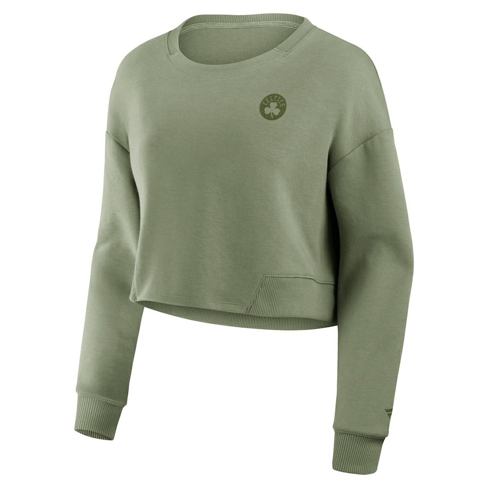 Boston Celtics Women's Studio Tri-Blend Cropped Pullover Sweatshirt Olive - Fanatics