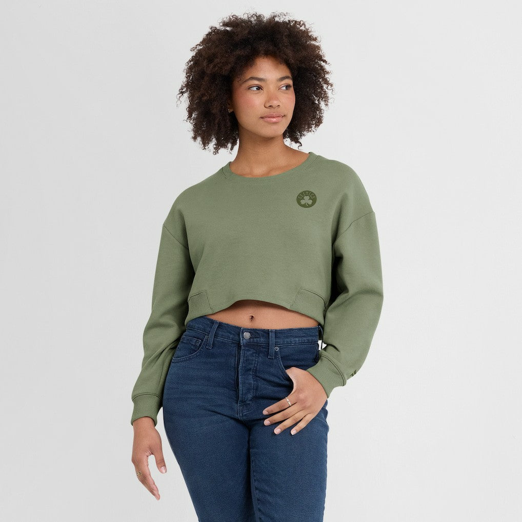 Boston Celtics Women's Studio Tri-Blend Cropped Pullover Sweatshirt Olive - Fanatics