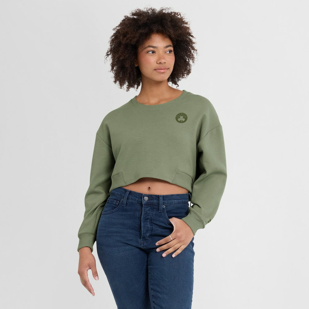 Boston Celtics Women's Studio Tri-Blend Cropped Pullover Sweatshirt Olive - Fanatics