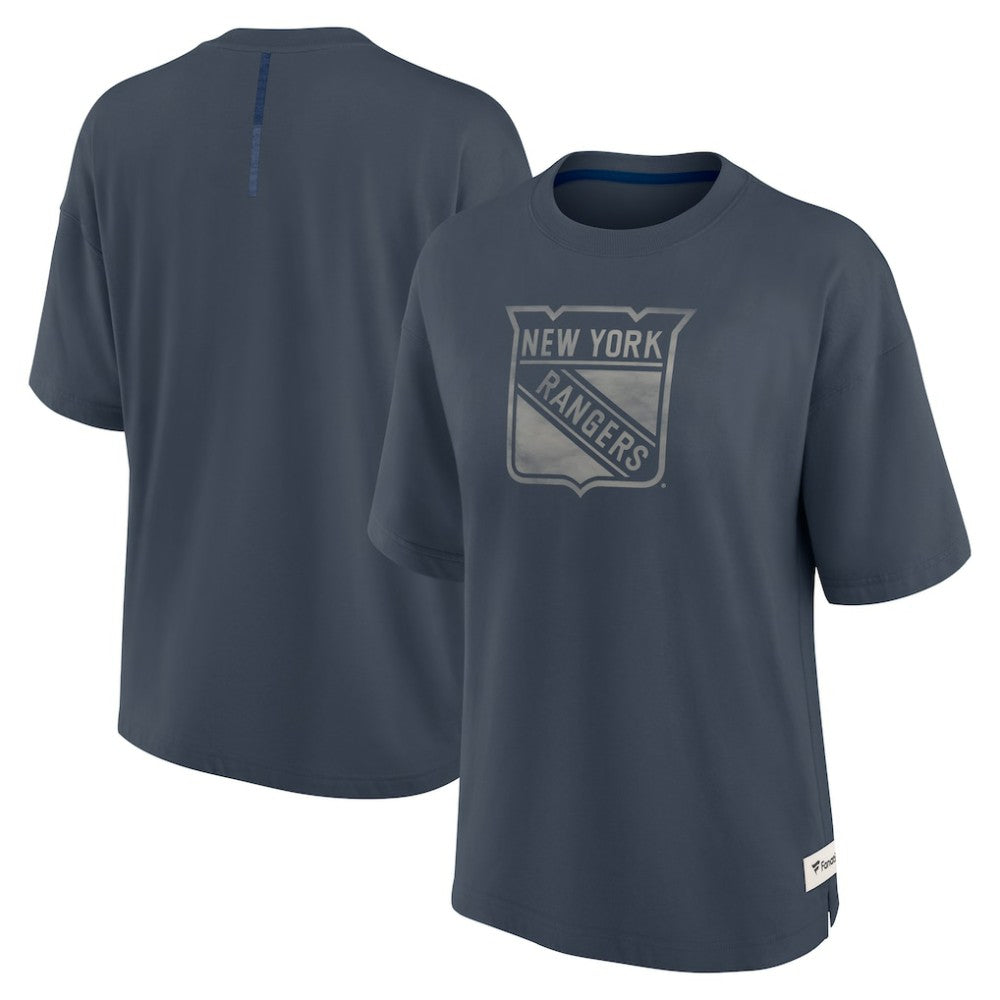 New York Rangers Fanatics Women's Oversized Elements Raw Edge Future Ground T-Shirt - Blue | US 201752495