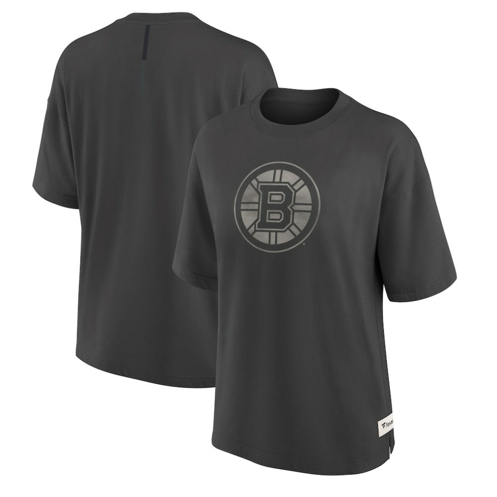 Boston Bruins Fanatics Women's Oversized Elements Raw Edge Future Ground T-Shirt - Charcoal | US 201752496