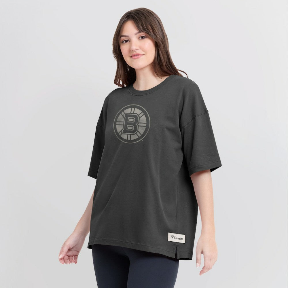Boston Bruins Fanatics Women's Oversized Elements Raw Edge Future Ground T-Shirt - Charcoal | US 201752496
