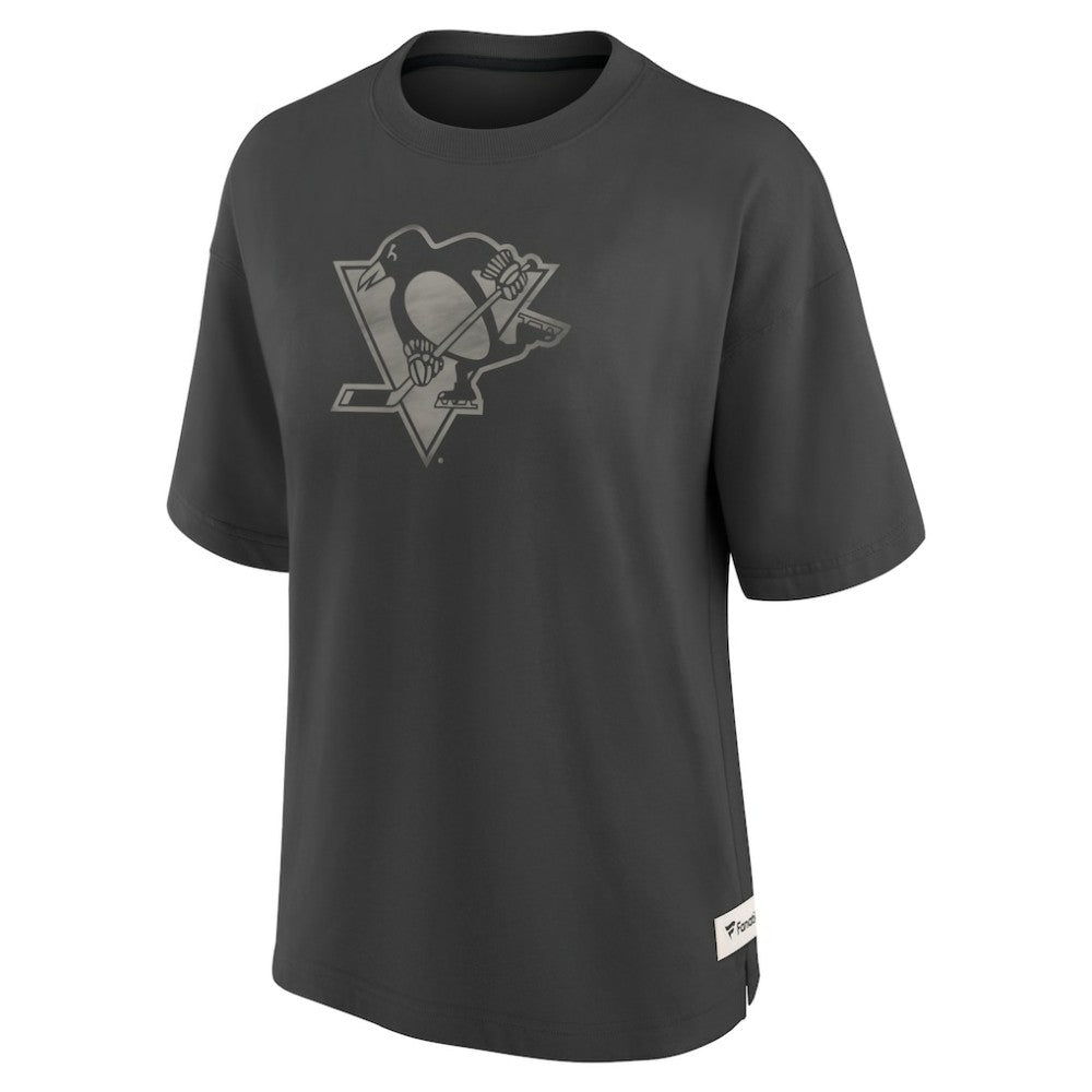 Pittsburgh Penguins Fanatics Women's Oversized Elements Raw Edge Future Ground T-Shirt - Charcoal | US 201752505