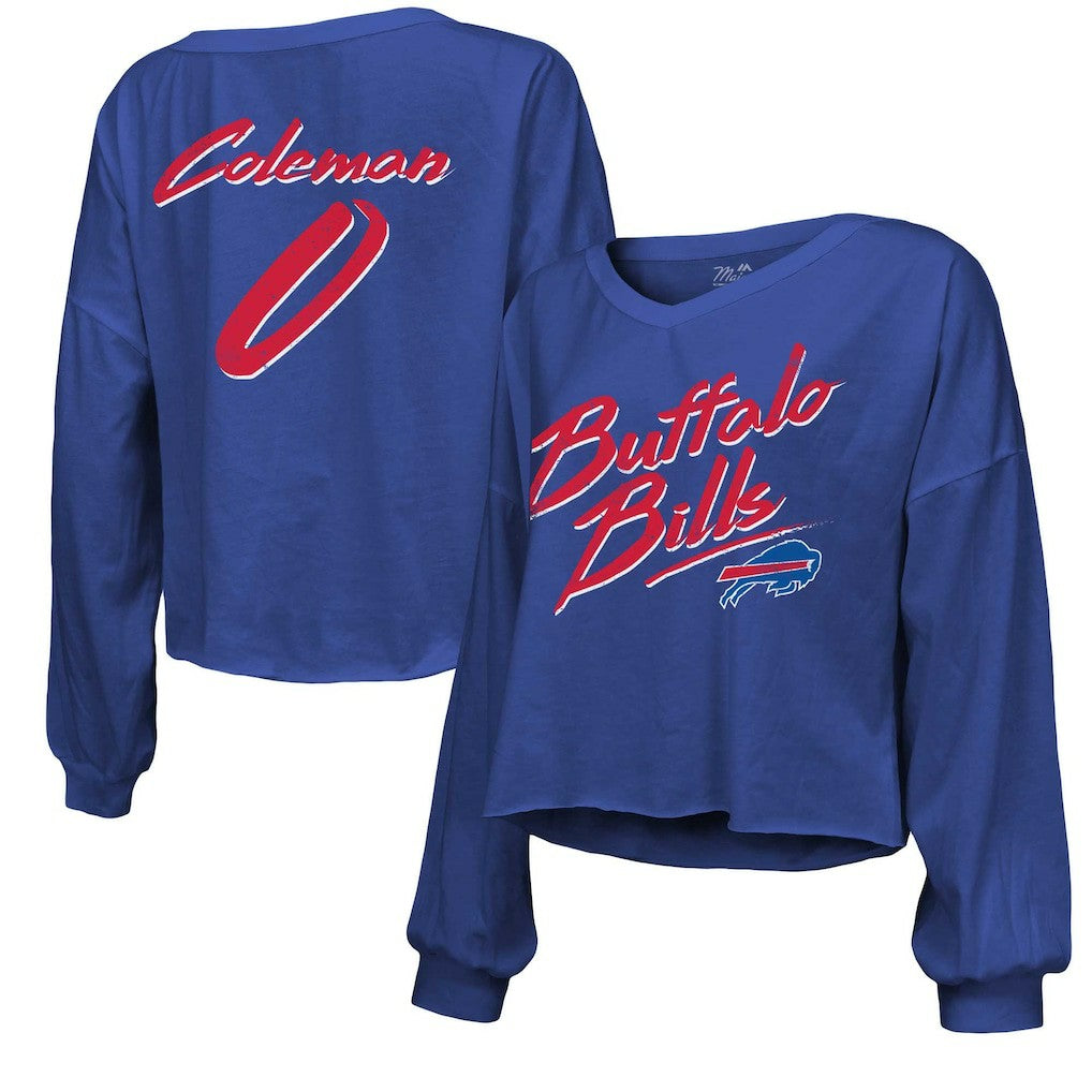 Keon Coleman Buffalo Bills Majestic Threads Women's Name & Number Off-Shoulder Script Cropped Long Sleeve V-Neck T-Shirt - Royal T-shirts