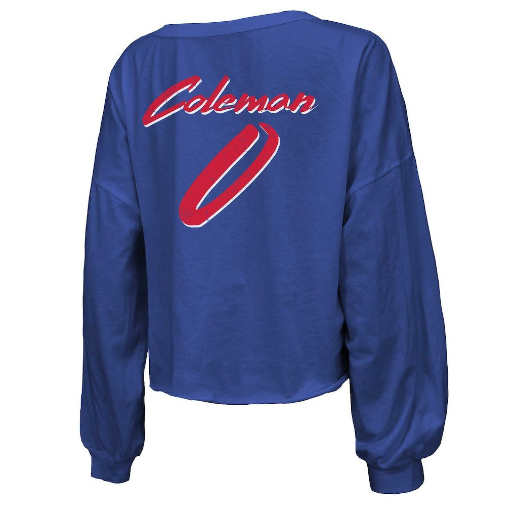 Keon Coleman Buffalo Bills Majestic Threads Women's Name & Number Off-Shoulder Script Cropped Long Sleeve V-Neck T-Shirt - Royal T-shirts