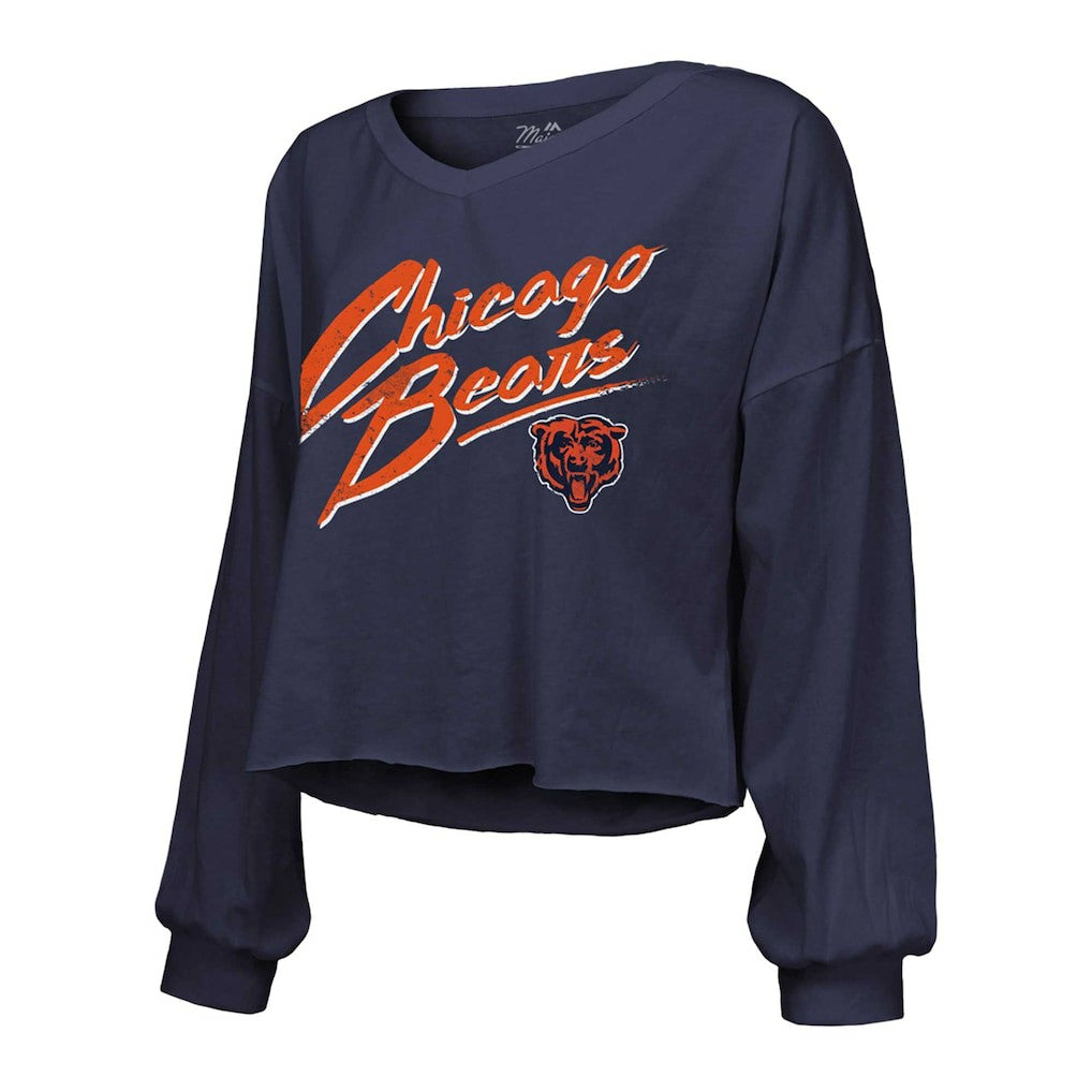Caleb Williams Chicago Bears Majestic Threads Women's Name & Number Off-Shoulder Script Cropped Long Sleeve Relaxed V-Neck T-Shirt - Navy T-shirts