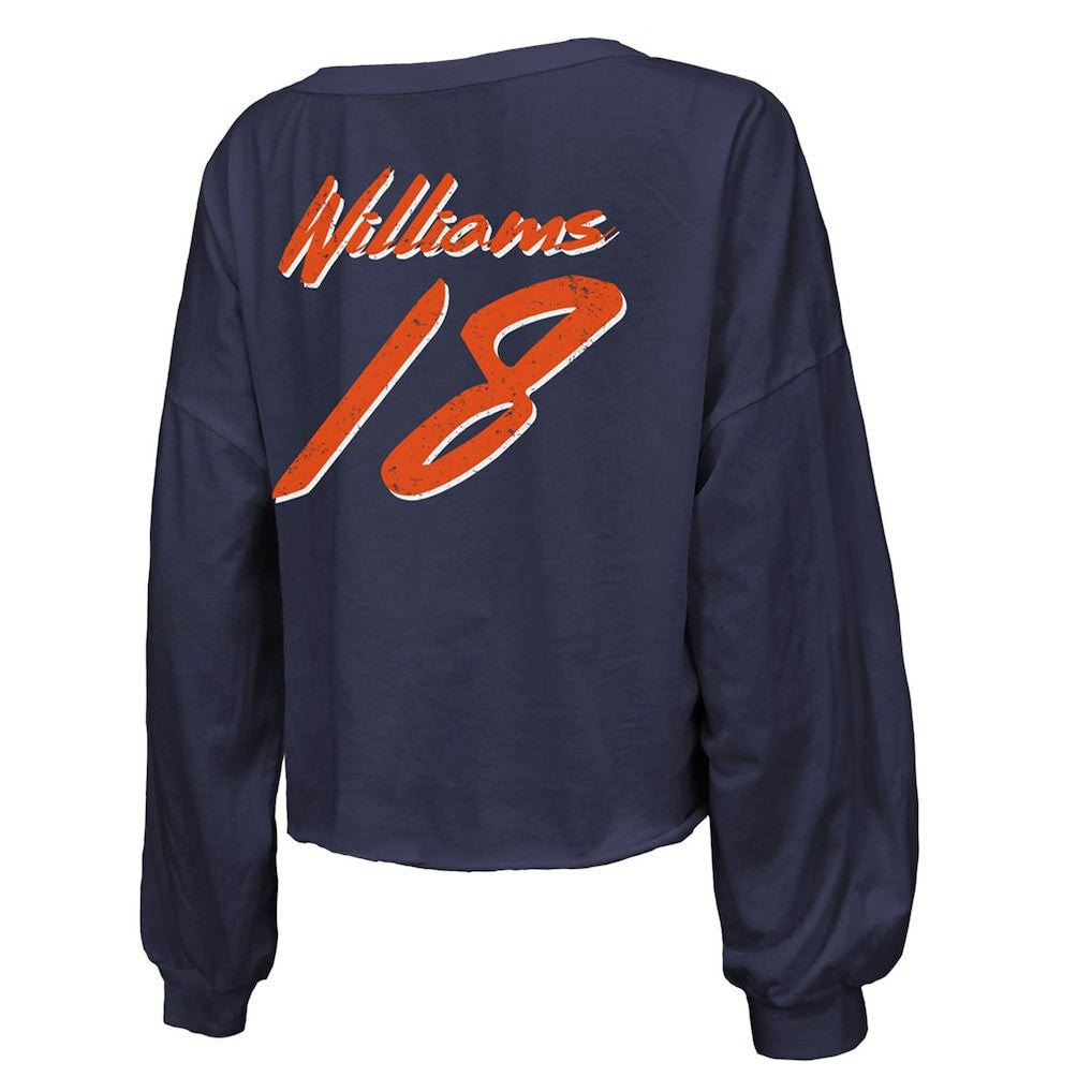 Caleb Williams Chicago Bears Majestic Threads Women's Name & Number Off-Shoulder Script Cropped Long Sleeve Relaxed V-Neck T-Shirt - Navy T-shirts