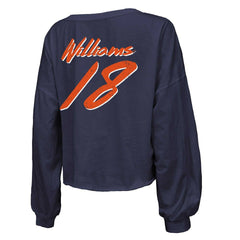 Caleb Williams Chicago Bears Majestic Threads Women's Name & Number Off-Shoulder Script Cropped Long Sleeve Relaxed V-Neck T-Shirt - Navy T-shirts