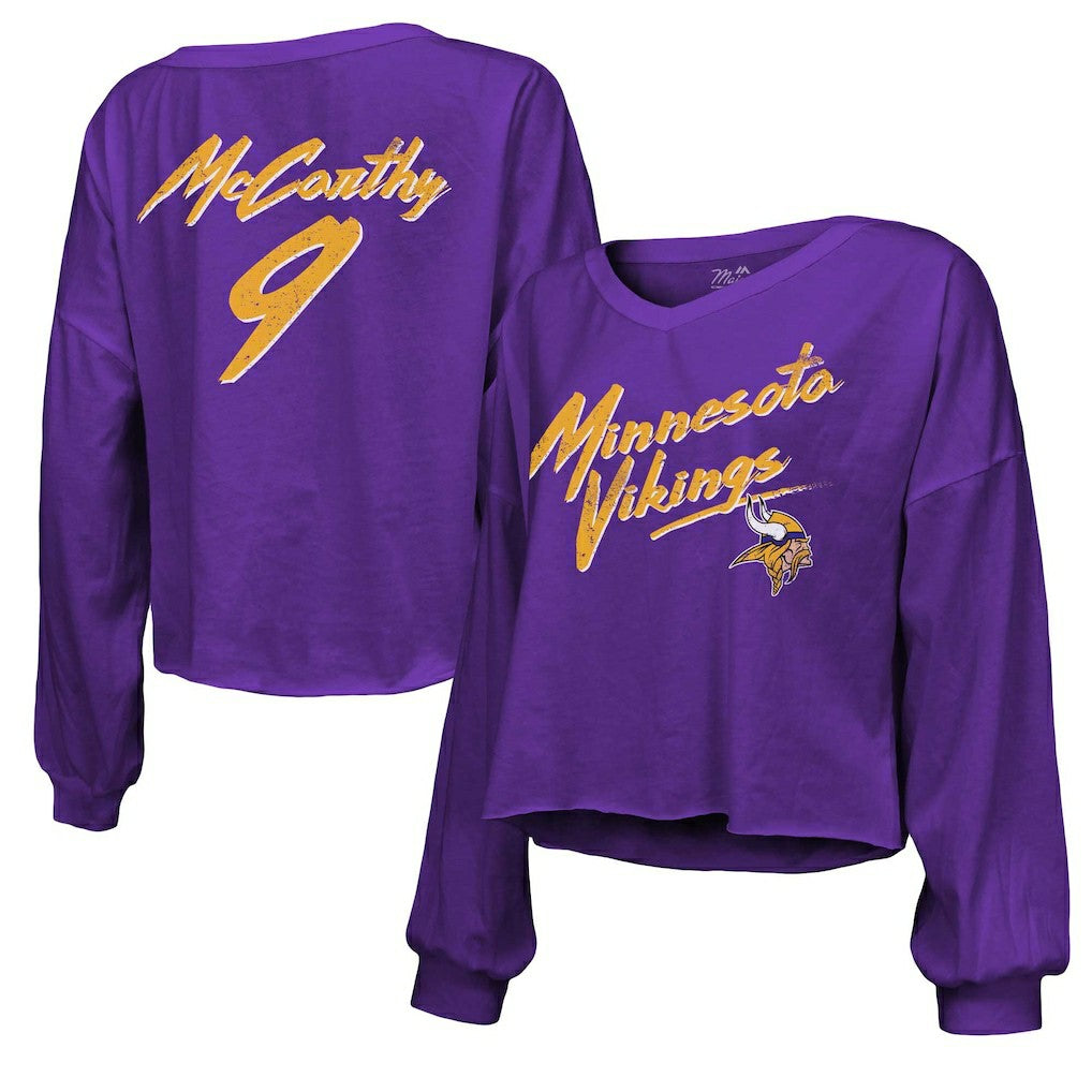 J.J. McCarthy Minnesota Vikings Majestic Threads Women's Name & Number Off-Shoulder Script Cropped Long Sleeve V-Neck T-Shirt - Purple T-shirts