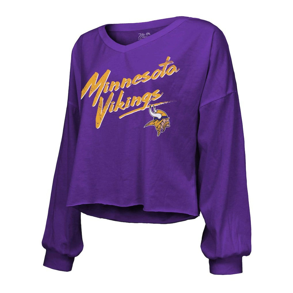 J.J. McCarthy Minnesota Vikings Majestic Threads Women's Name & Number Off-Shoulder Script Cropped Long Sleeve V-Neck T-Shirt - Purple T-shirts